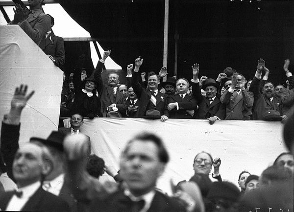 Popular Front leaders during a Bastille Day demonstration in Paris, 14 July 1936. On the tribune (front row, left to right): Thérèse Blum, Leon Blum, 