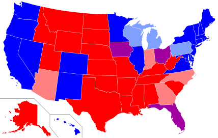 ԱՄՆ-ի քարտեզի վրա կապույտով նշված են վերջին չորս նախագահական ընտրություններին Դեմոկրատական թեկնածուին քվեարկած նահանգները, կարմիրով՝ Հանրապետական։