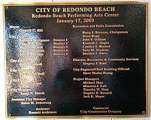 Plaque commemorating RBPAC's 2003 opening. RedondoBeachPerformingArtsCenterPlaque-20240323.jpg