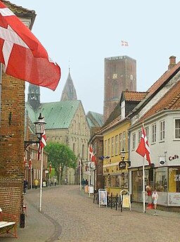 Gatan Overdam i den gamla stadskärnan, med domkyrkan i bakgrunden. Under denna gata delar sig ån i tre mindre åar eller kanaler med forsar bredvid gatan. En vattenkvarn med skovelhjul finns kvar vid en av dessa. Åarna löper sedan samman i en större å, som fungerar som stadens hamn.