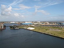 Roath Basin (nearest), Roath Dock (above) with the channel to Queen Alexandra Dock (centre right). Roath Basin and Roath Dock, Cardiff Docks - geograph.org.uk - 1097699.jpg