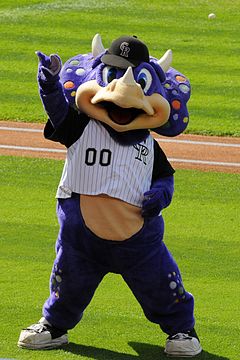 The mascot "Dinger" dinosaur.