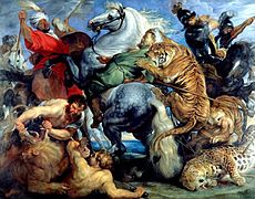 Pintura de Rubens de dois tigres, um leão e um leopardo atacando cavaleiros