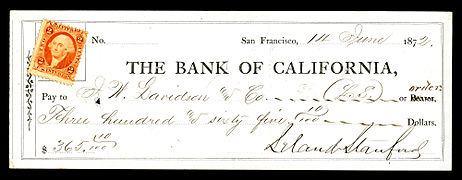 Leland Stanford, signed check.