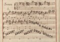 partitura scrisă de mână îmbunătățită cu culoare: o bandă roșie în dreapta și în stânga