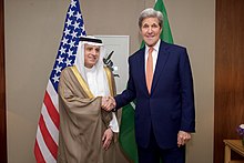 Secretary of State John Kerry with Saudi Foreign Minister Adel al-Jubeir during a meeting on Syria in May 2016 Secretary Kerry Shakes Hands With Saudi Foreign Minister al-Jubeir Before Their Meeting Focused on Syria in Geneva (26673407522).jpg