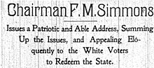 Zeitungsausschnitt: "Vorsitzender FM Simmons gibt eine patriotische und kompetente Ansprache, fasst die Probleme zusammen und appelliert eloquent an die weißen Wähler, den Staat zu erlösen"
