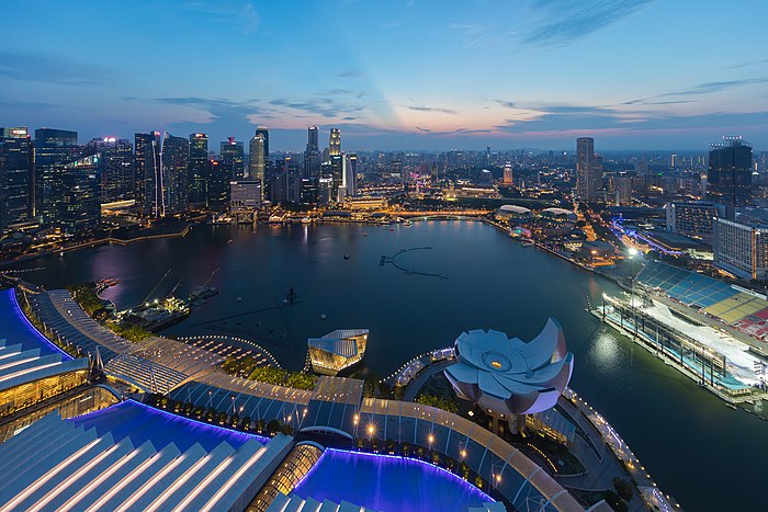 Skylines of the Central Business District, Singapore, at dusk, from the sky observation deck of the Marina Bay Sands skycrapper.