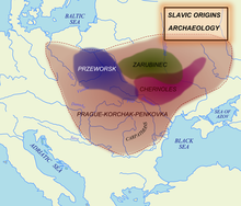Archaeological cultures associated with proto-Slavs and early Slavs: Chernoles culture (before 500 BC), Zarubintsy culture (300 BC to AD 100), Przeworsk culture (300 BC to AD 400), Prague-Korchak horizon (6th to 7th century, Slavic expansion) Slavarchaeology.png