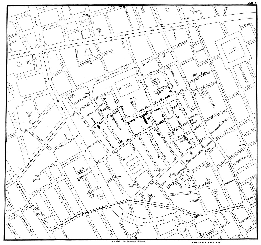 John Snow's Map showing cases of Cholera infection