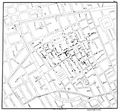 Original map by John Snow showing the clusters of cholera cases in the London epidemic of 1854. Snow-cholera-map-1.jpg