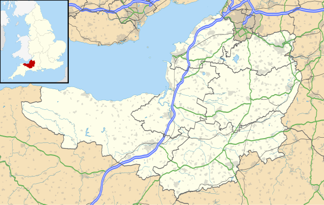 Mapa konturowa Somersetu, po prawej znajduje się punkt z opisem „Katedra w Wells”