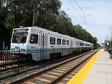 A typical two-car train at Lutherville station in 2014 Southbound train at Lutherville station, August 2014.JPG