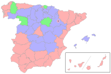 Map of the results of the February 1936 by province: the Republican winners of the Popular Front are in red, while the Nationalist winners are in purple and the Centrists winners are in green Spanish general election map, 1936.svg