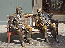 Allies (1995) by Lawrence Holofcener, a sculptural group depicting Franklin D. Roosevelt and Churchill in New Bond Street, London. Special Relationship%3F (geograph 4125450).jpg
