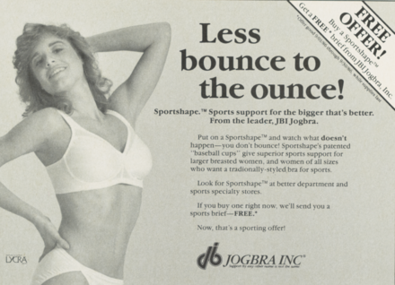 Sportshape JogBra Advertisement, 1986, emphasizes support for larger breasted women who choose to be active