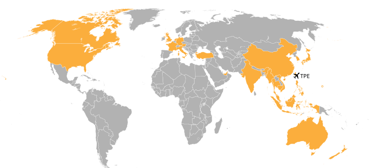 Pays desservis depuis l'Aéroport international Taiwan Taoyuan (incluant les vols charters et futures destinations prévues).