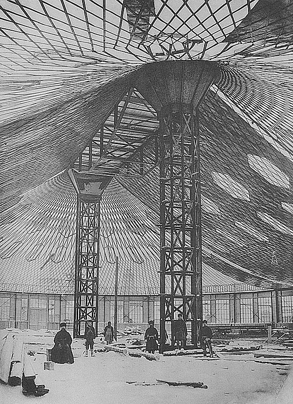 The world's first tensile steel shell by Vladimir Shukhov (during construction), Nizhny Novgorod, 1895