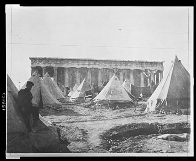Temporary accommodation for the Greek refugees from Asia Minor in tents in Thiseio. After the Asia Minor Catastrophe in 1922 thousands of families settled in Athens and the population of the city doubled.