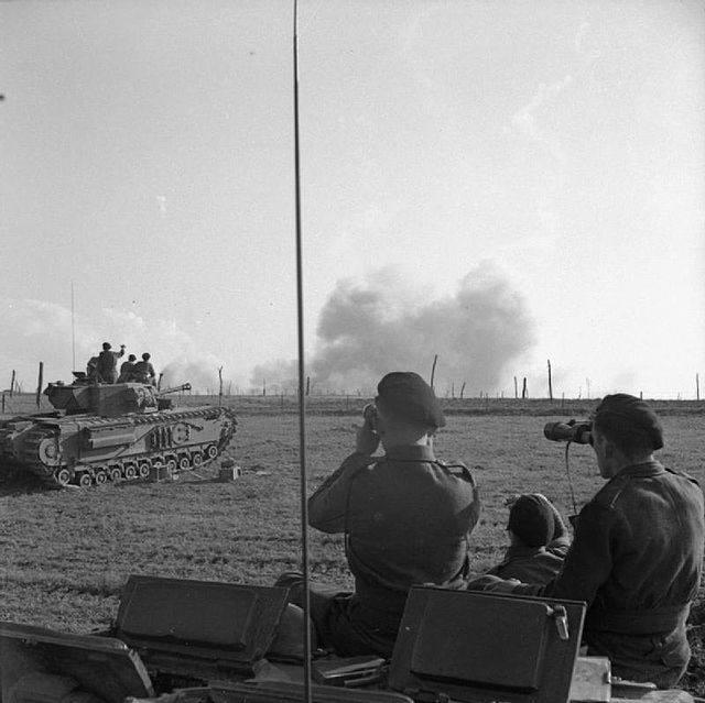 Churchill tank crews watch the RAF bomb the defences of Le Havre, 10 September 1944