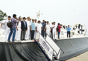 The Union Minister for Road Transport & Highways, Shipping, Rural Development, Drinking Water & Sanitation and Panchayati Raj, Shri Nitin Gadkari inspecting the Sethusamudram project site by sailing by Hovercraft.jpg
