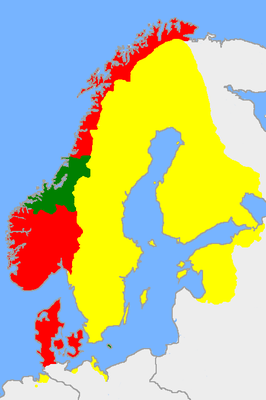 Území Švédska je zobrazeno žlutě, majetek dánské koruny (Dánsko a Norsko) je zobrazen červeně.  Zelená barva ukazuje území vrácená Dánsku a Norsku na základě Kodaňské smlouvy v roce 1660