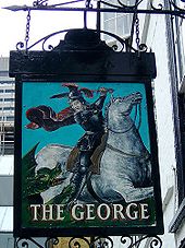 The pub sign of The George, Southwark, depicting St George slaying a dragon Thegeorgesouthwarksign.jpg