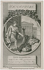 Jean-Michel Moreau illustration of Lucius telling his father the tribunes have left, from Act 3, Scene 1; engraved by N. le Mire (1785) Titus Andronicus (1785) - Noel le Mire - Jean-Michel Moreau.jpg