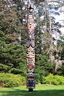 The K'alyaan Totem pole of the Tlingit Kiks.adi Clan, erected at Sitka National Historical Park to commemorate the lives lost in the 1804 Battle of Sitka Tlingit K'alyaan Totem Pole August 2005.jpg