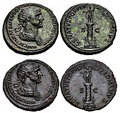 Two examples of Dupondius struck 114-116 AD, showing Trajan's column with the original statue on top and his portrait Trajan's column dupondius.jpg