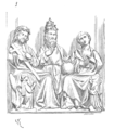 Bas-relief de bois représentant la Trinité (fin XIIIe siècle) : Dieu Le Père au milieu, coiffé de la tiare à triple couronne papale, qui bénit de la main droite et tient la terre de la gauche. À sa droite le Fils couronné d'épines, portant la croix. À sa gauche un jeune homme imberbe, l'Esprit, tenant une colombe.