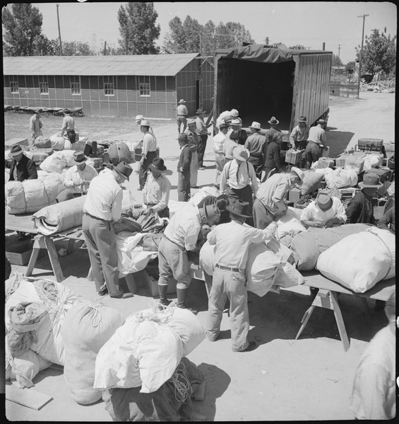 File:Turlock, California. Baggage is inspected as families arrive at Turlock assembly center. Evacuees . . . - NARA - 537648.tif