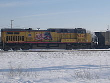 UP locomotive GE AC4400CW #5645 in Battle Creek, Michigan, with the Flags and Flares paint scheme UP Loco No.5645.jpg