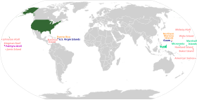      USA's 50 delstater og Washington D.C.      Inkorporeret, uorganiseret territorie      Ikke-inkorporeret, organiseret territorie      Ikke-inkorporeret, organiseret territorie med Commonwealth-status[a]      Ikke-inkorporeret, uorganiseret territorie
