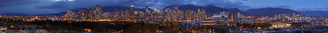 Vancouver, British Columbia, viewed from the south with mountains behind. Blended exposure version. 20 stitched images.