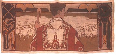 Tapiseria Ciobanul, de János Vaszary (1906), care combină motive Art Nouveau cu o temă tradițională folclorică maghiară