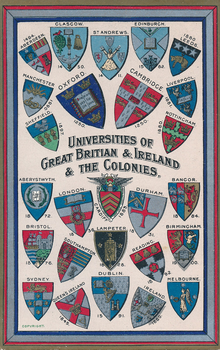 Early 20th century postcard depictiing the coats of arms of British universities Vintage postcard of the universities of Great Britain and Ireland and the Colonies.png