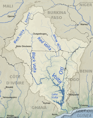 แผนที่ลุ่มแม่น้ำวอลตาและลำน้ำสาขา (ไวต์วอลตา, เรดวอลตาและแบล็กวอลตา)