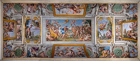 The Loves of the Gods, in the Palazzo Farnese, by Annibale Carracci, a renowned example of quadro riportati Volta della Galleria Farnese dopo il restauro del 2015.jpg