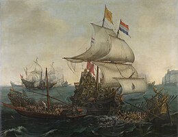 Vroom Hendrick Cornelisz Des navires hollandais enfoncent des galères espagnoles au large de la côte flamande en octobre 1602.jpg