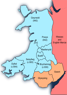 Map of the extent of Hywel Dda's power
.mw-parser-output .legend{page-break-inside:avoid;break-inside:avoid-column}.mw-parser-output .legend-color{display:inline-block;min-width:1.25em;height:1.25em;line-height:1.25;margin:1px 0;text-align:center;border:1px solid black;background-color:transparent;color:black}.mw-parser-output .legend-text{}
Deheubarth, Hywel Dda's principality
Combine to form Morgannwg Wales 900-950 (Hywel the Good).svg