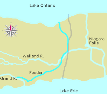 The Welland Canal including the Feeder Canal. The present-day canal is marked in pale grey Welland Canal - First Canal Feeder.png