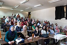 Palestinian students at Birzeit University in 2016. Wikipedia education program birzeit university 2016 ceremoney 15.jpg