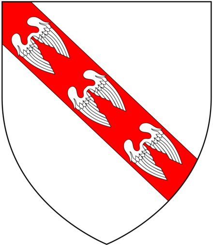 Arms of Wingfield: Argent, on a bend gules three wings conjoined in lure of the field, quartered by Michael de la Pole, 1st Earl of Suffolk