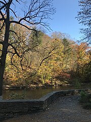 Portrait photo of the Wissahickon creek outside of Valley Green inn. This was taken during the fall so all of the trees are autumn colors.