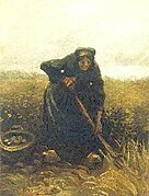 Woman lifting potatoes