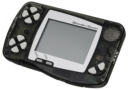 The Bandai WonderSwan, a handheld gaming console released in 1999. This is the first model of the Japan-only WonderSwan series and features a monochrome screen.