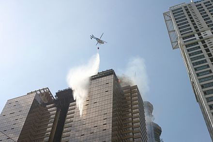 South Korean firefighters in the 2010 Wooshin Golden Suites fire used a helicopter as part of their operations to put out a cladding fire that rose within minutes from the 4th to the 38th floor.[310][311]