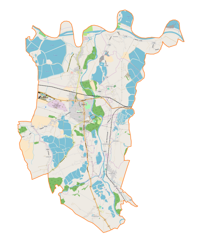 Mapa konturowa gminy Zator, w centrum znajduje się punkt z opisem „Kościółśw. Wojciecha i św. Jerzego”