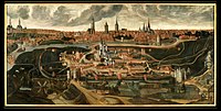 Zicht op de stad Gent, de toestand voor 1540 weergevend, gemaakt voor de Proost van Sint-Baafs Viglius ab Aytta in 1564.Gemaakt voor 60 fl. door Lucas d'Heere; hersteld in 1677 door J.B. Herqueau. Zicht genomen van een plaats tussen de Dendermondse en de Antwerpse Poort.[1]